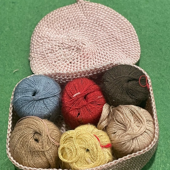 Handmade Vintage 40’s-50’s Pink Crocheted Basket w/ Thread Rolls - Picture 6 of 8